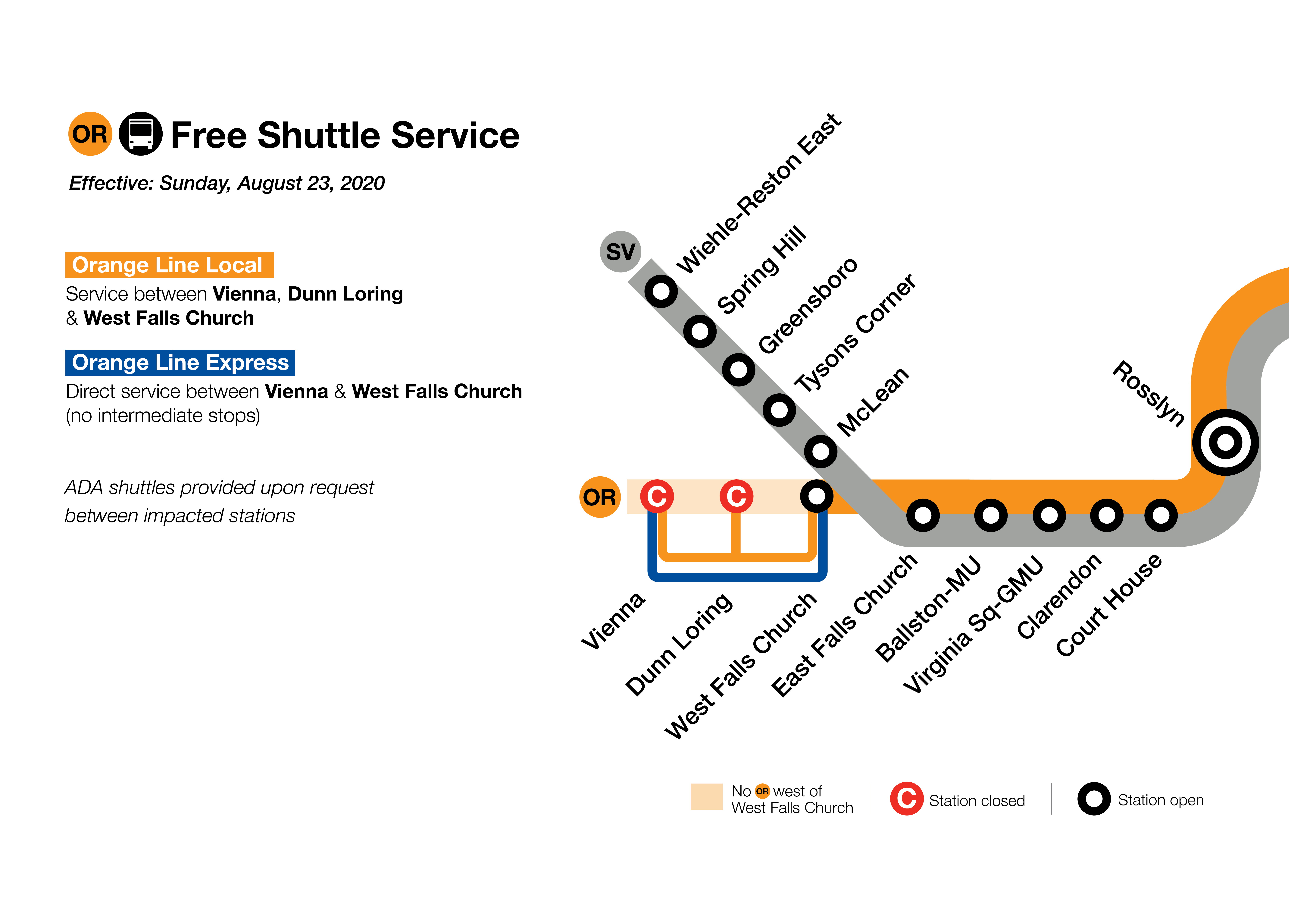 Orange Line Local service between Vienna, Dunn Loring & West Falls Church. Orange Line Express service between Vienna & West Falls Church. ADA shuttles are available upon request and provide service between the impacted stations.